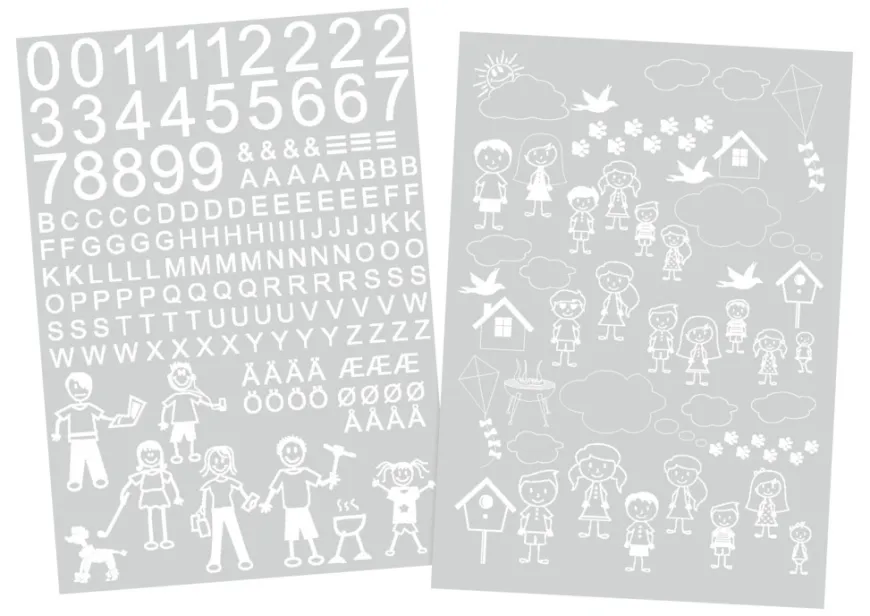 Postkassestickers med tal, bogstaver og figurer hvid